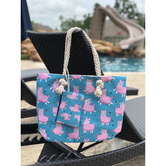 NWT!! Tote Bag with Zipper Pouch - Aqua Llama Print - Picture 4 of 4